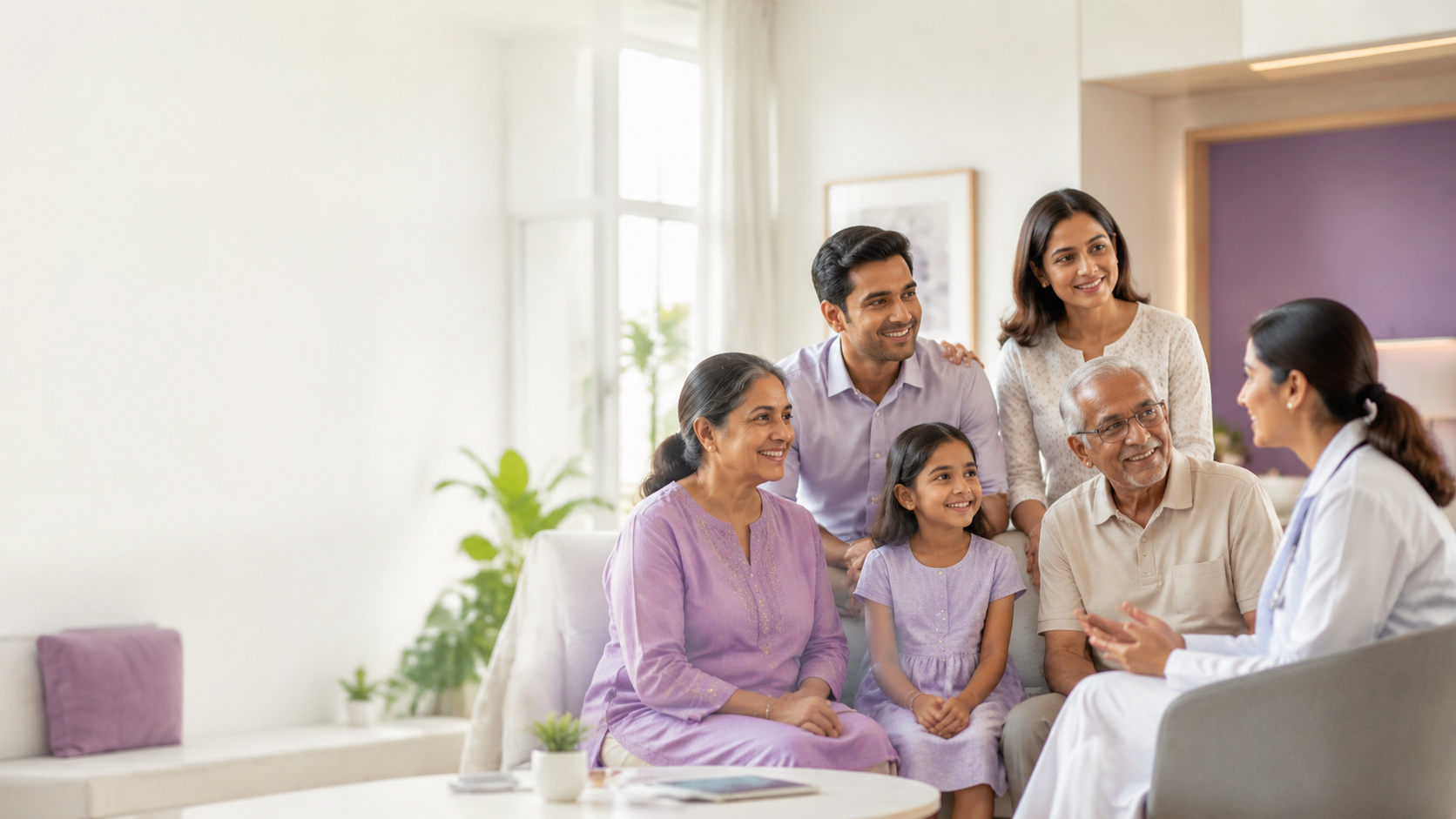 Healthcare professional speaking with an Indian family in a bright, welcoming setting