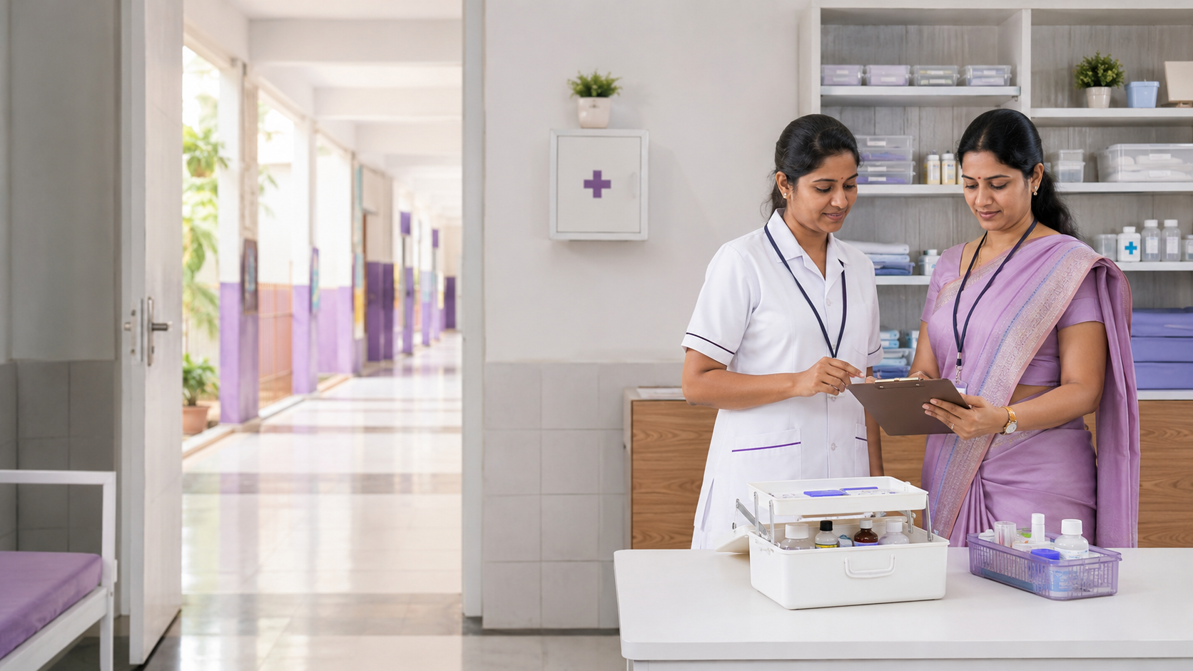 Healthcare staff reviewing medical supplies in a clean Indian institutional clinic