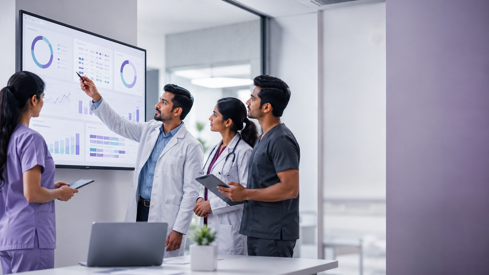 Indian healthcare team reviewing digital dashboards and care programme insights